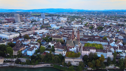 Fototapeta premium Historic district of Basel in Switzerland and River Rhine - aerial view - travel photography