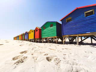 colorful beach houses on the beach at Muizenberg in side perspective - South Africa, Eastern Cape