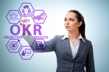 OKR concept with objective key results and businesswoman