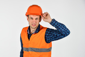 Man wear protective hard hat repair works, engineer career concept