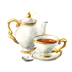 Teapot, Cup and saucer. Vintage porcelain. Hand drawn watercolor illustration isolated on white background