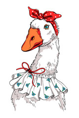 Cute cartoon goose in women's clothing. Stylish image for printing on any surface © Вера Михеева