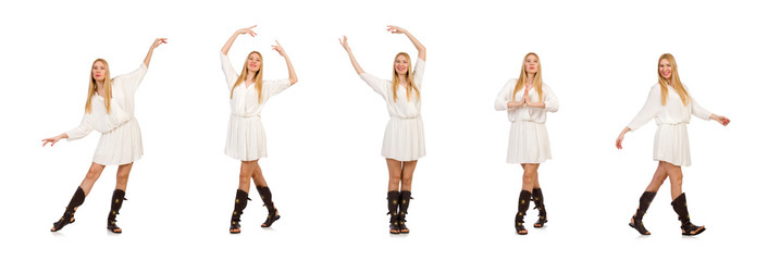 Pretty woman in ancient style dress isolated on white