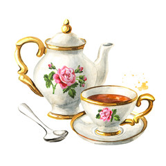 Teapot, Cup and saucer. Vintage porcelain. Hand drawn watercolor illustration, isolated on white background
