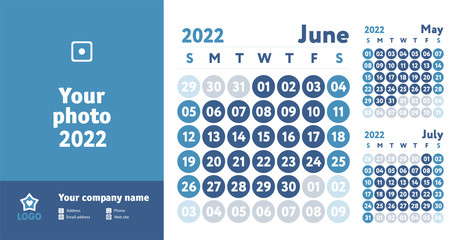 June 2022 calendar. Blue color planner design. English calender. Vector template. Week starts on Sunday. Business planning.
