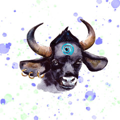 Watercolor illustration.Year Of The Bull 2021.Cute unusual steers. Illustration for the New year and Christmas. The bull is the symbol of the year 2021.isolated on a white background