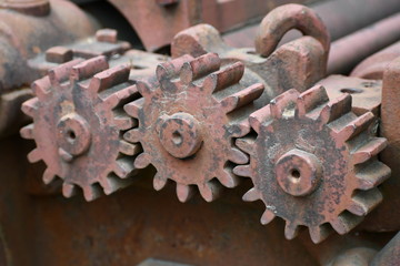 Rusted spur gears on vintage logging equipment.