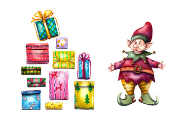 watercolor illustration set of gift boxes with a bow for new year and Christmas holidays and a little helper of Santa Claus.Isolated on a white background.