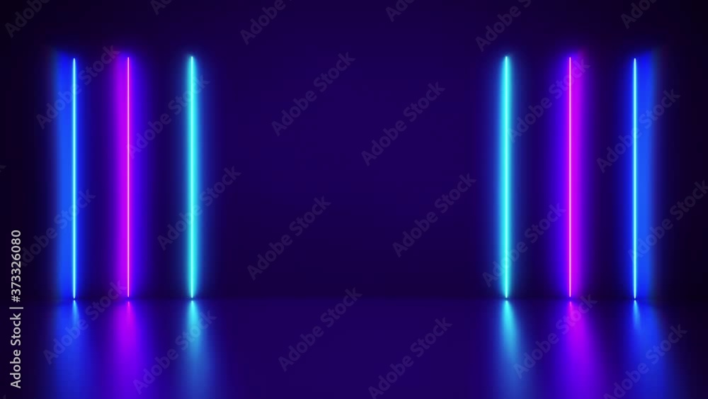 Poster futuristic abstract blue and purple neon line light shapes on colorful background and reflective wit