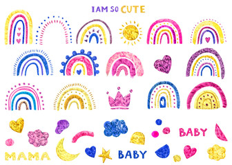 Rainbow clipart. Baby cute rainbow watercolor illustration. Isolated on white background. Cute magical rainbow, scandi nursery, fun pink pretty.