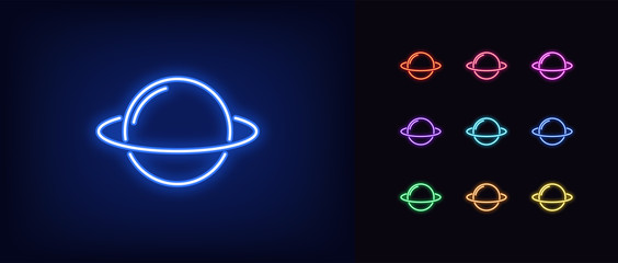 Neon planet icon. Glowing neon planet sign with ring, Saturn © Дмитрий Майер