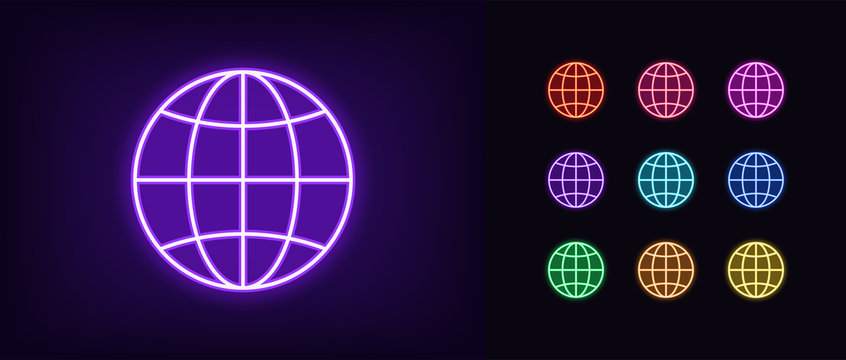 Neon globe icon. Glowing neon world sign, globe internet