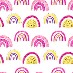 Rainbow clipart. Baby cute rainbow watercolor illustration. Isolated on white background. Cute magical rainbow, scandi nursery, fun pink pretty. Seamless pattern.