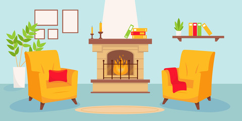 Obraz premium Living room with fireplace and two yellow armchairs.