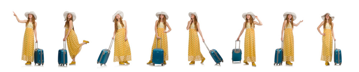 Woman ready for summer travel isolated on white