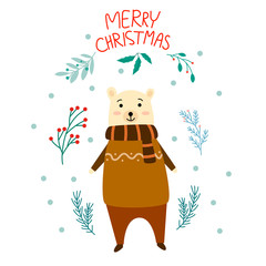 Merry Christmas card with a funny bear