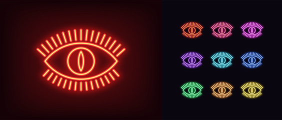 Neon devil eye icon. Glowing neon eye sign with monster iris, evil vision