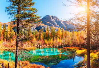 Geyser lake with turquoise water in Altai mountains, Siberia, Russia. Autumn nature landscape. Famous travel destination
