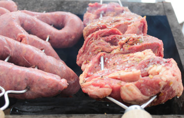 roasting charcoal barbecue, beef, sausage