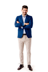 Confident businessman full length shot at isolated background