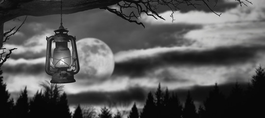 A lantern hangs on a tree with moon night background sky.