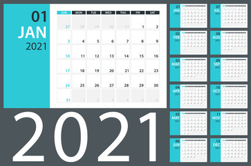 2021 Calendar Planner - vector illustration. Template. Mock up.