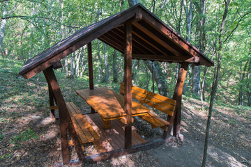 
brown wooden gazebo in nature
