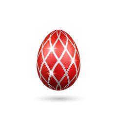 Easter egg 3D icon. Red silver egg, isolated white background. Bright realistic design, decoration for Happy Easter celebration. Holiday element. Shiny pattern. Spring symbol. Vector illustration