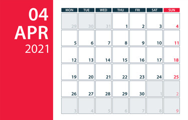 April 2021 Calendar Planner - vector illustration. Template. Mock up.