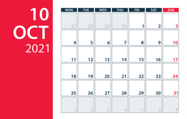 October 2021 Calendar Planner - vector illustration. Template. Mock up.