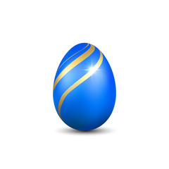 Easter egg 3D icon. Blue gold egg, isolated white background. Bright realistic design, decoration for Happy Easter celebration. Holiday element. Shiny pattern. Spring symbol. Vector illustration