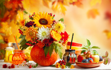  Concept of autumn festive decoration for Thanksgiving day or Halloween. Autumn bouquet of...