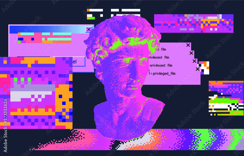 Poster cyberpunk-style collage with plaster 3d head and pixel artifacts. vaporwave and retrowave aesthetics