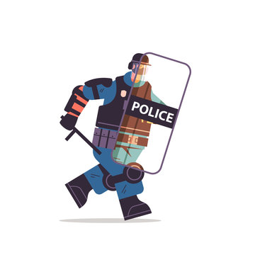 policeman in full tactical gear riot police officer running with shield and baton protester and demonstration riots mass control concept full length vector illustration