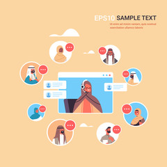 arab operator with headset chatting with arabic clients call center agent in web browser window customer support service concept portrait copy space vector illustration