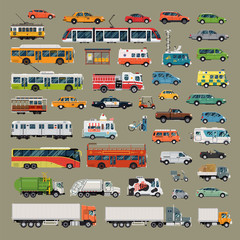 Large set of high quality flat design vector city transport featuring over 40 city road traffic items such as buses, cars, trucks, ambulance, taxi, cable cars, fire and police vehicles and more