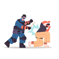 policeman in full tactical gear riot police officer attacking street protester during clashes demonstration protest concept full length vector illustration