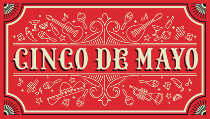 Horizontal vector banner on Cinco de Mayo holiday celebration. Modern Fifth of May holiday themed flyer layout with red background, quality lettering and linear mexican themed decorative elements