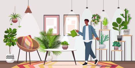 man with watering can taking care of houseplants living room or home garden interior horizontal full length vector illustration