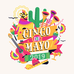 Cool vector high quality design element on traditional mexican holiday Cinco de Mayo or the Fifth of May featuring guitar, trumpets, pinata donkey and other celebration and party items