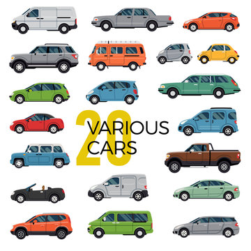 Quality flat vector collection of 20 various modern and classic cars and vehicles of different types. City and urban traffic featuring cabriolet, sedan, pickup, hatchback, microcar, van, suv