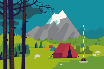Mountain camping background scenery with pine trees, tents, valley and mountain peak on background. Summer outdoor activities, exploring, hiking and travel themed banner in flat vector design