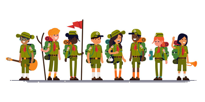 Summer camp scouts together. Cool vector character design on diverse group of scouts wearing uniform, neckerchiefs, carrying backpack and camping gear. Flat design illustration on summer camp kids