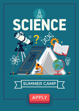 Creative vector banner or poster template on Summer Science Camp for kids featuring open book in shape of camping tent and cool science gear, elements and symbols