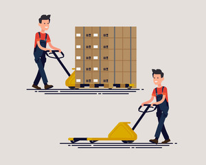 Flat design vector character of logistics specialist carrying stack of goods on pallet using pallet jack. Shipment, storage and logistics illustration