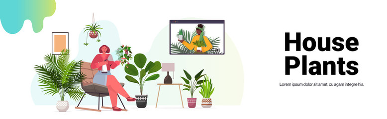 mix race women taking care of houseplants girls having virtual meeting during video call living room interior horizontal full length copy space vector illustration