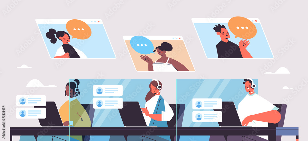 Poster operators with headset chatting with clients call center agents working in office customer support s