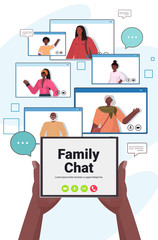 hands using tablet pc chatting with african american people in web browser windows during virtual meeting video call family chat online communication concept vertical vector illustration