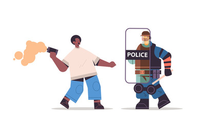 policeman in full tactical gear riot police officer attacking african american protester with smoke bomb during clashes demonstration protest control concept full length horizontal vector illustration
