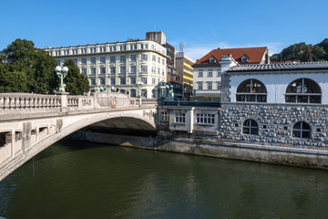 Fototapeta na wymiar Zmajski most - Dragon Bridge over river Ljubljanica